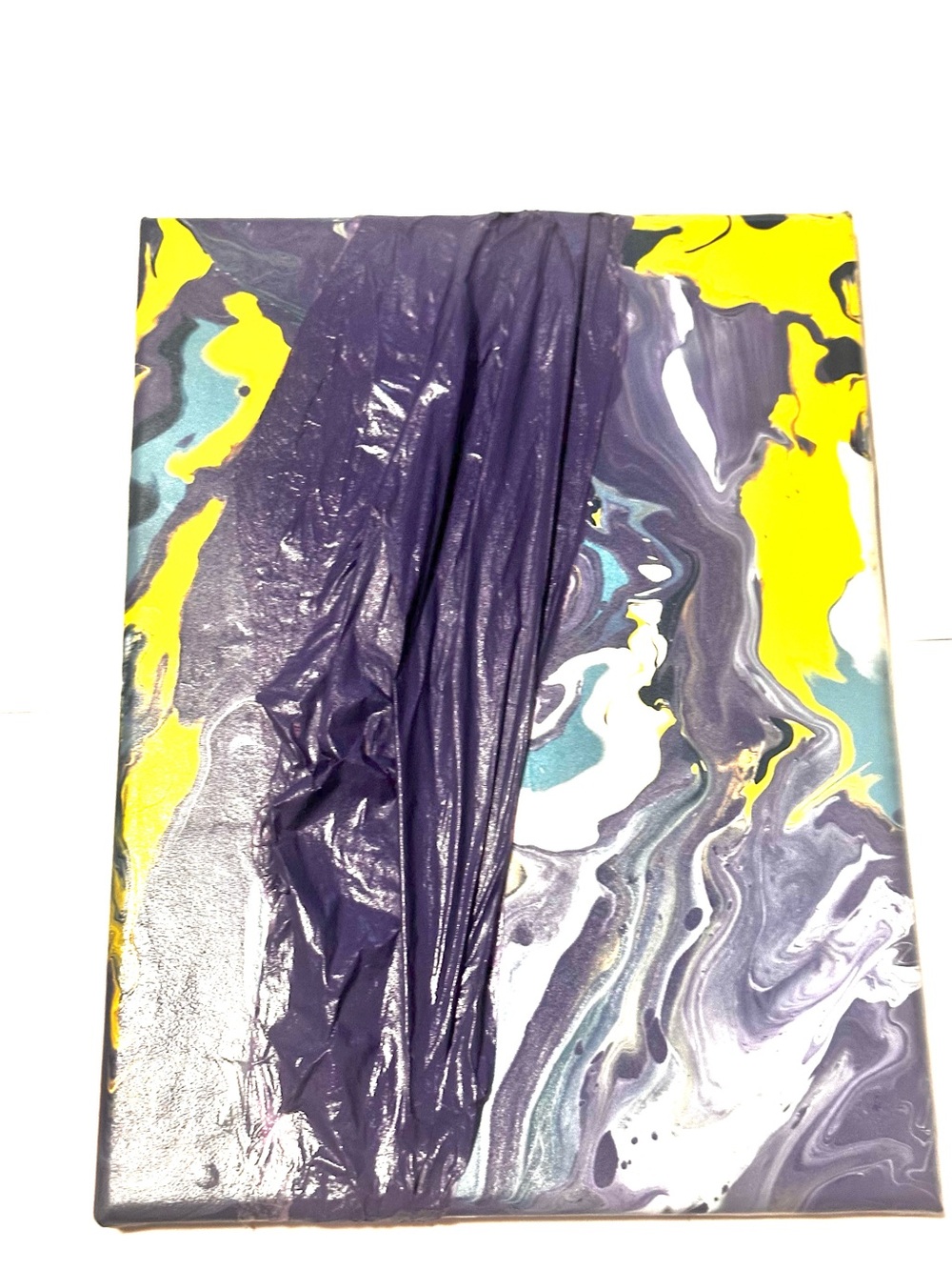 Hand crafted Abstract Pour Painting Canvas in Purple, Yellow, Teal, White - Picture 3 of 8